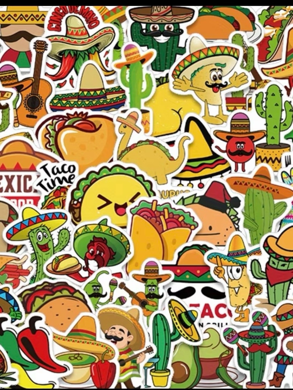 50 Mexican Fiesta Food Stickers Colorful Taco & Cactus Designs Sombreros Fun